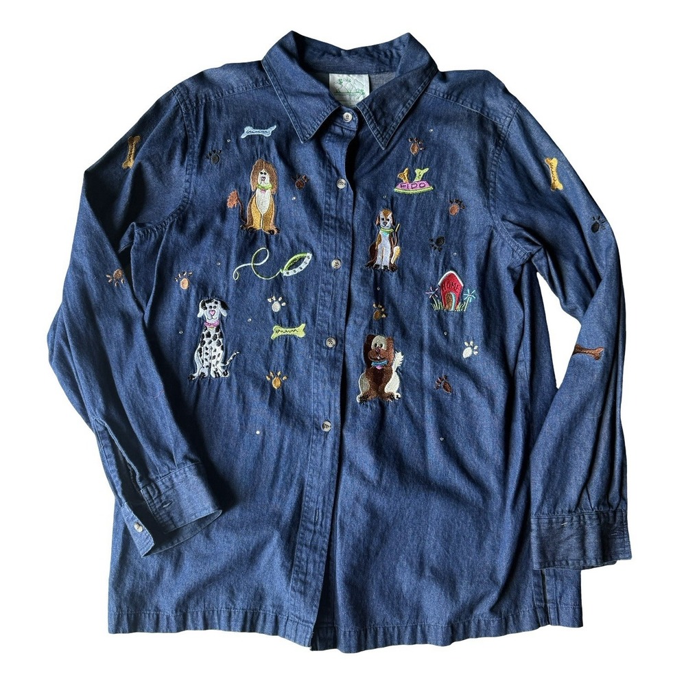 VTG Denim Button Down Dog Lover Puppies Embroidered Twee Cottagecore Whimsical - Picture 2 of 5